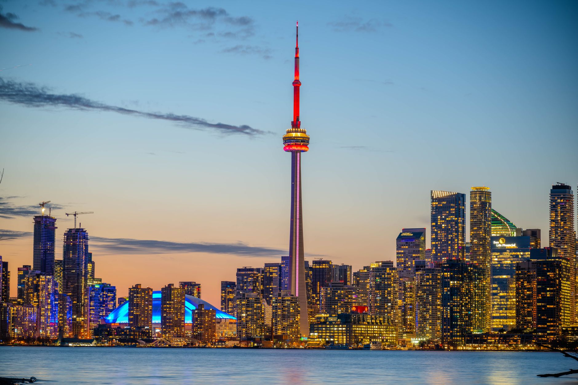 Toronto skyline at dusk, the city where Plock Tennis Club's indoor ball-machine courts sit