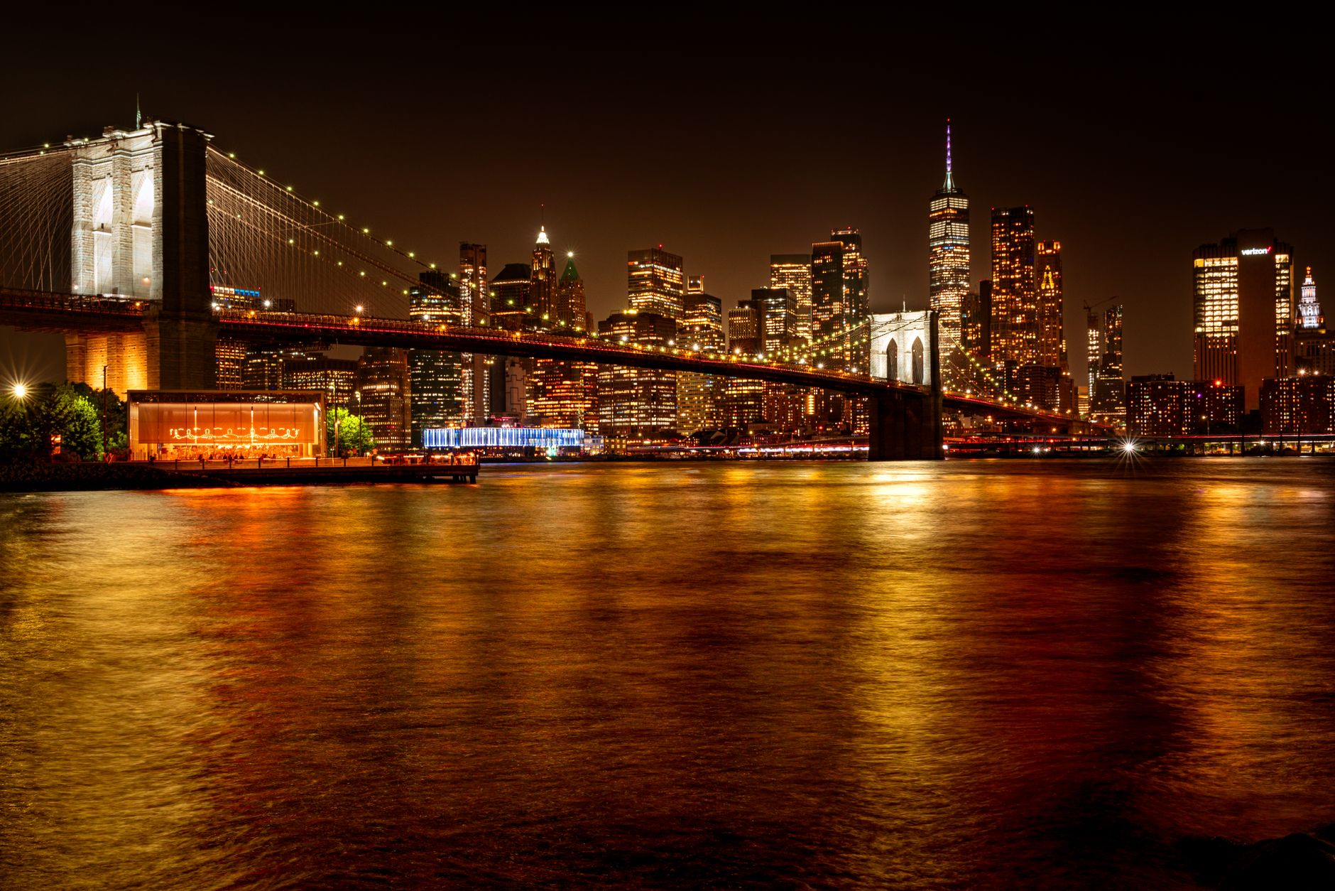 The East River in Manhattan with the skyline and a bridge, the waterfront setting of East River Park