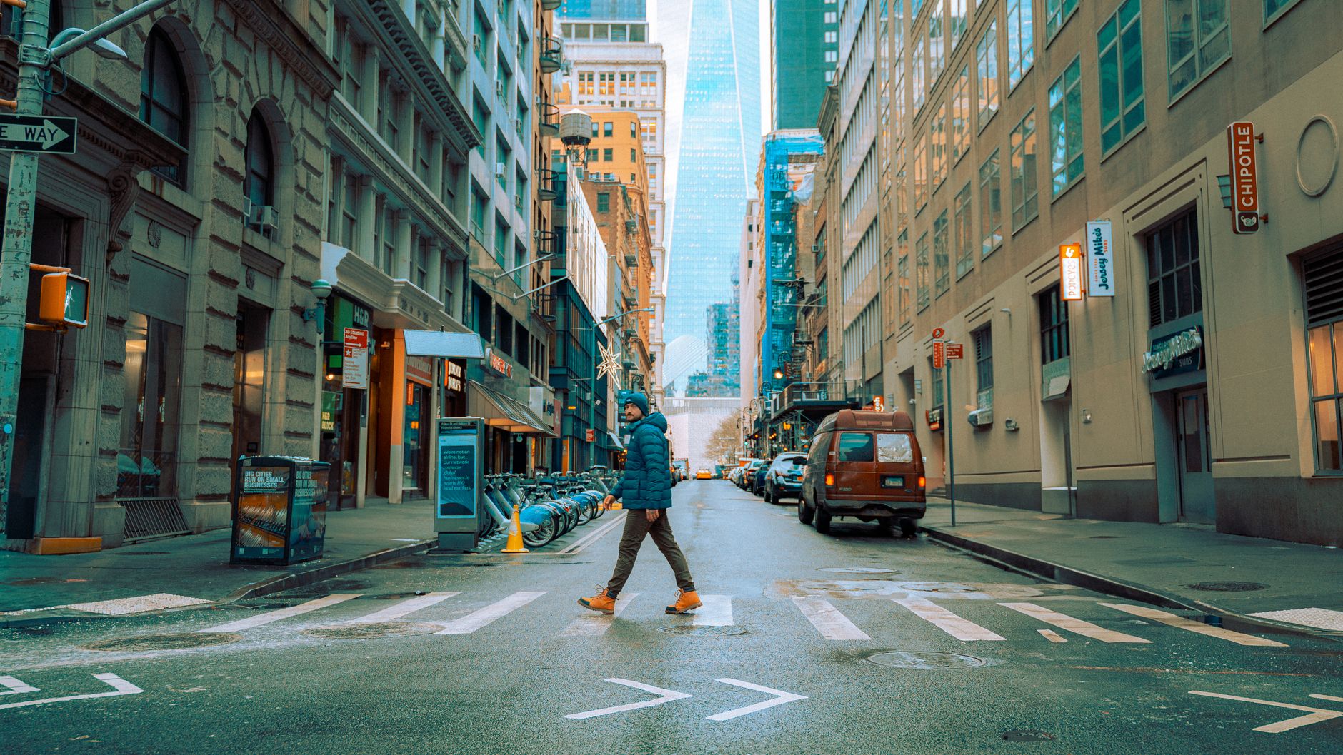A New York City street scene near the Traveling Stringer's pickup route